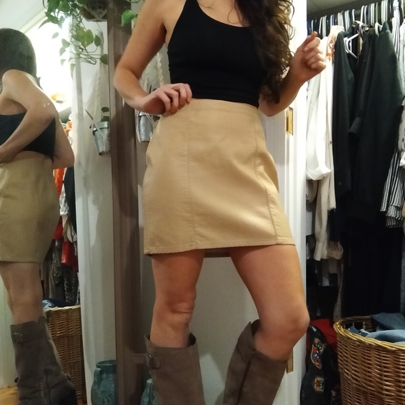 Faux leather tan skirt. - Picture 2 of 5